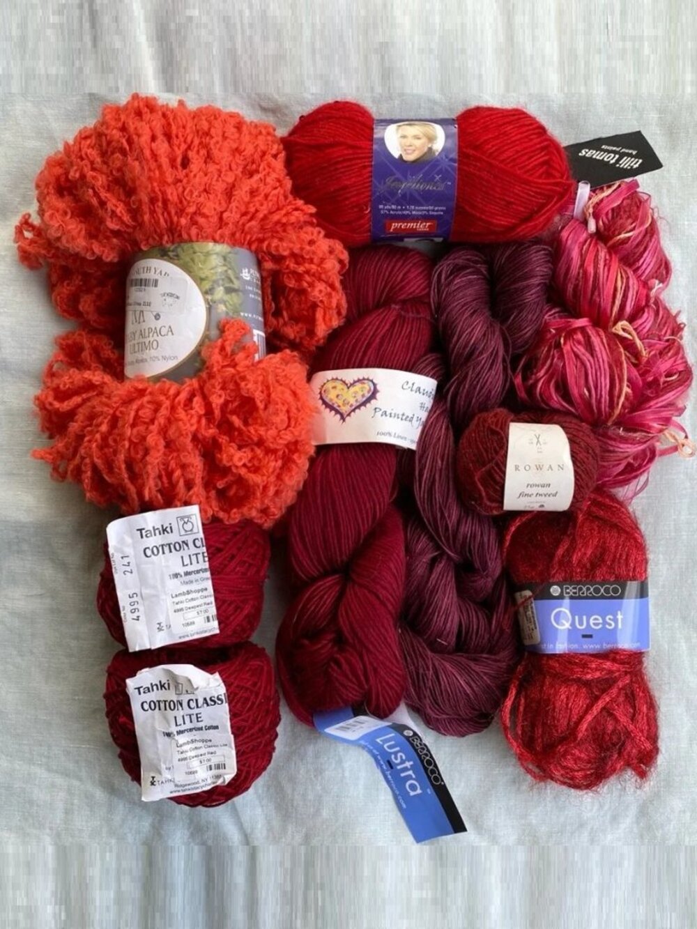 Lot of 9 red yarn skeins cotton wool tweed metallic linen balpaca silk Berroco